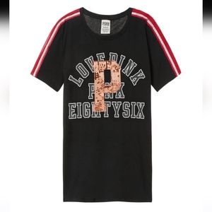 Victoria's Secret PINK Bling Sequin Rhinestone Perfect Crew Tee Black Size Large